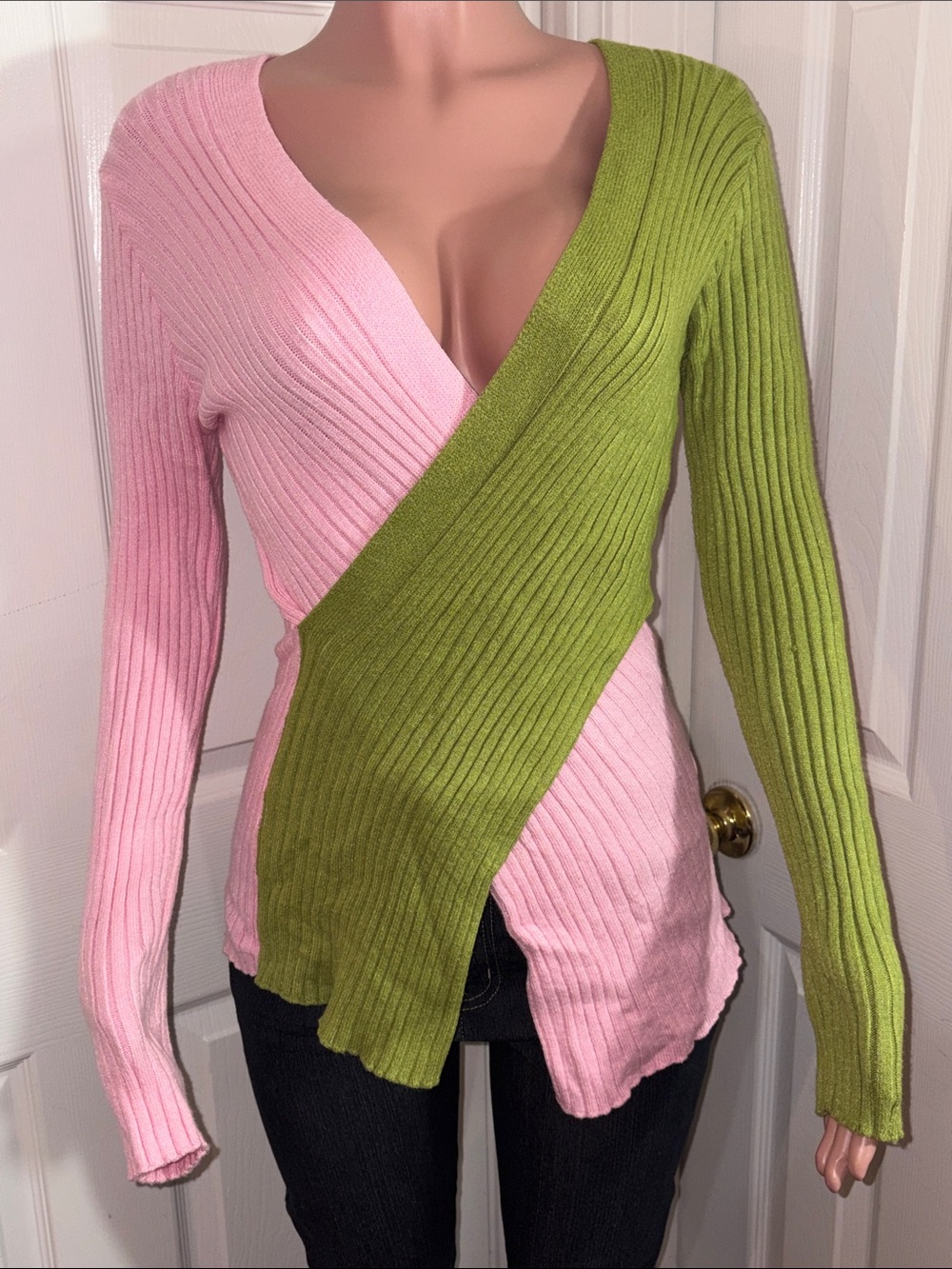 Pink and Green Ribbed Wrap V-Neck Sweater Top
